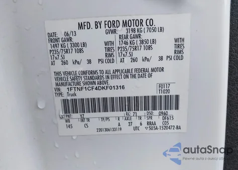 2013 Ford F-150 Xl из США, поврежденный, VIN 1FTNF1CF4DKF01316